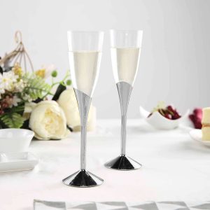 6-Pack Plastic Champagne Flutes 5oz Clear/Silver - Disposable Glasses with Detachable Base - Pack of 6 Flutes